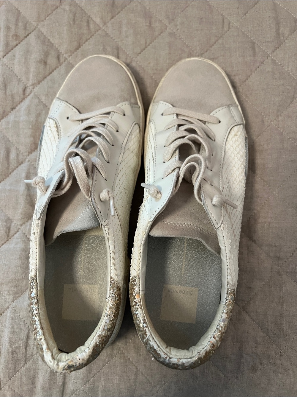 Dolce Vita Women's Cream/Beige Lace-Up Sneakers with Metallic Trim